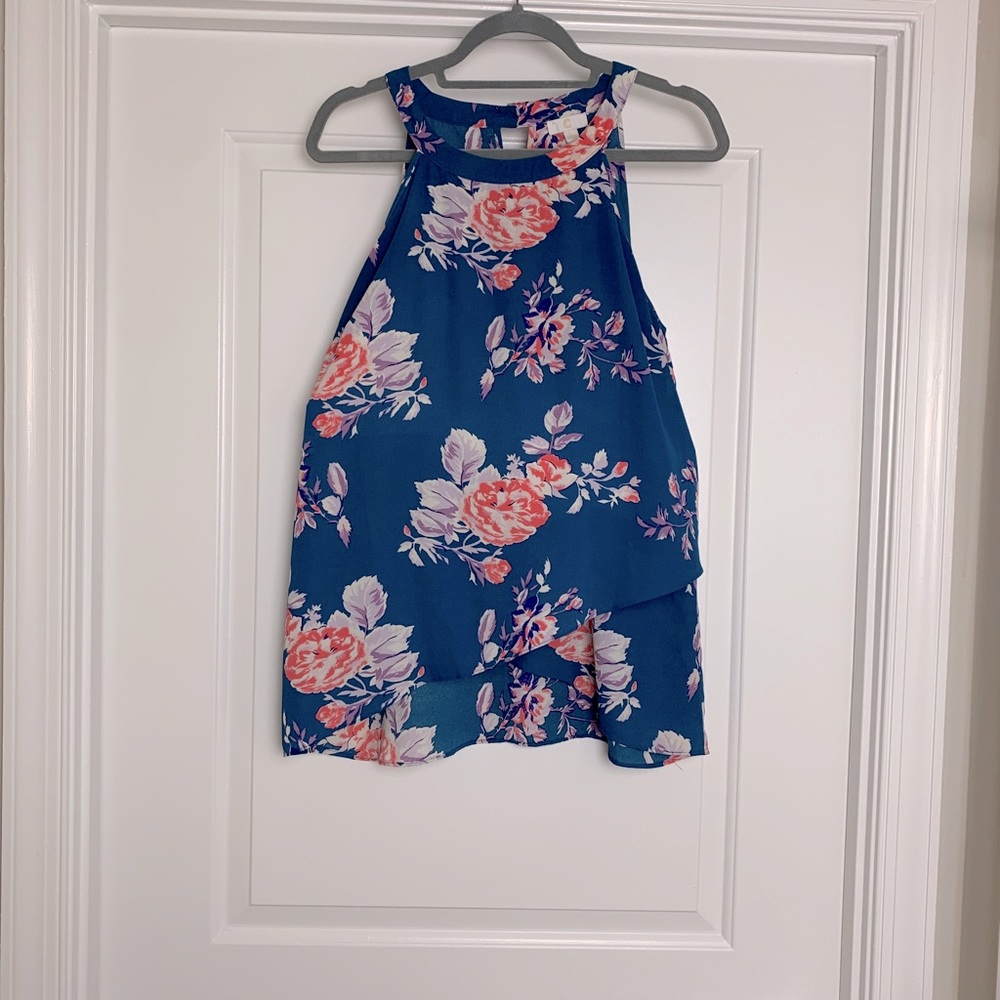 Blue High Neck Asymmetrical Tank